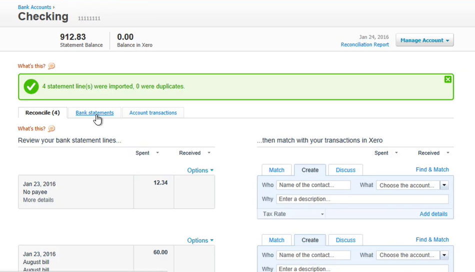 OFX Xero imported transactions data