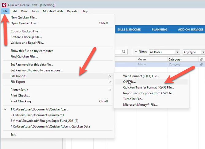 Step 7: Switch to Quicken and select File, Import, QIF