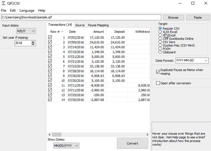 Convert a QIF file to CSV/Excel format Step 5: target