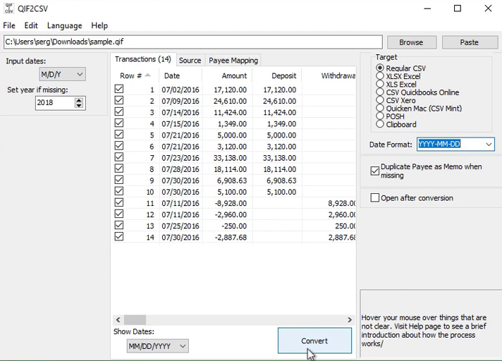 Convert a QIF file to CSV/Excel format Step 7: convert