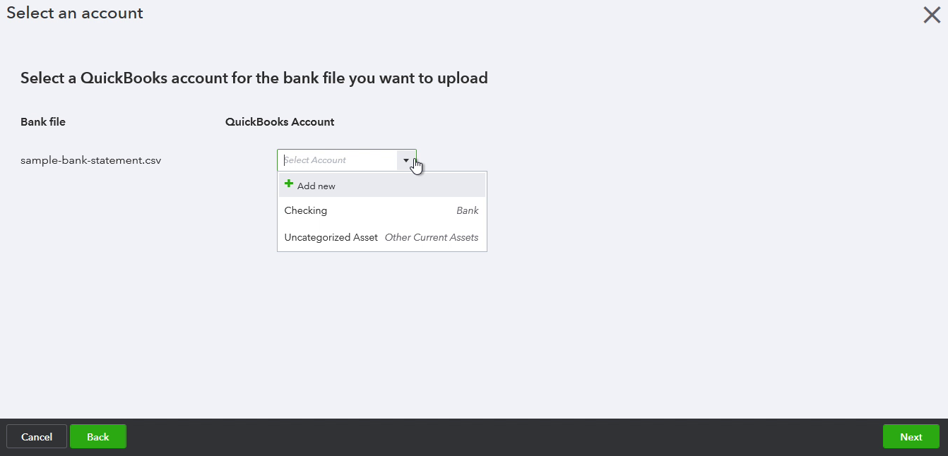  select an account in Quickbooks to import