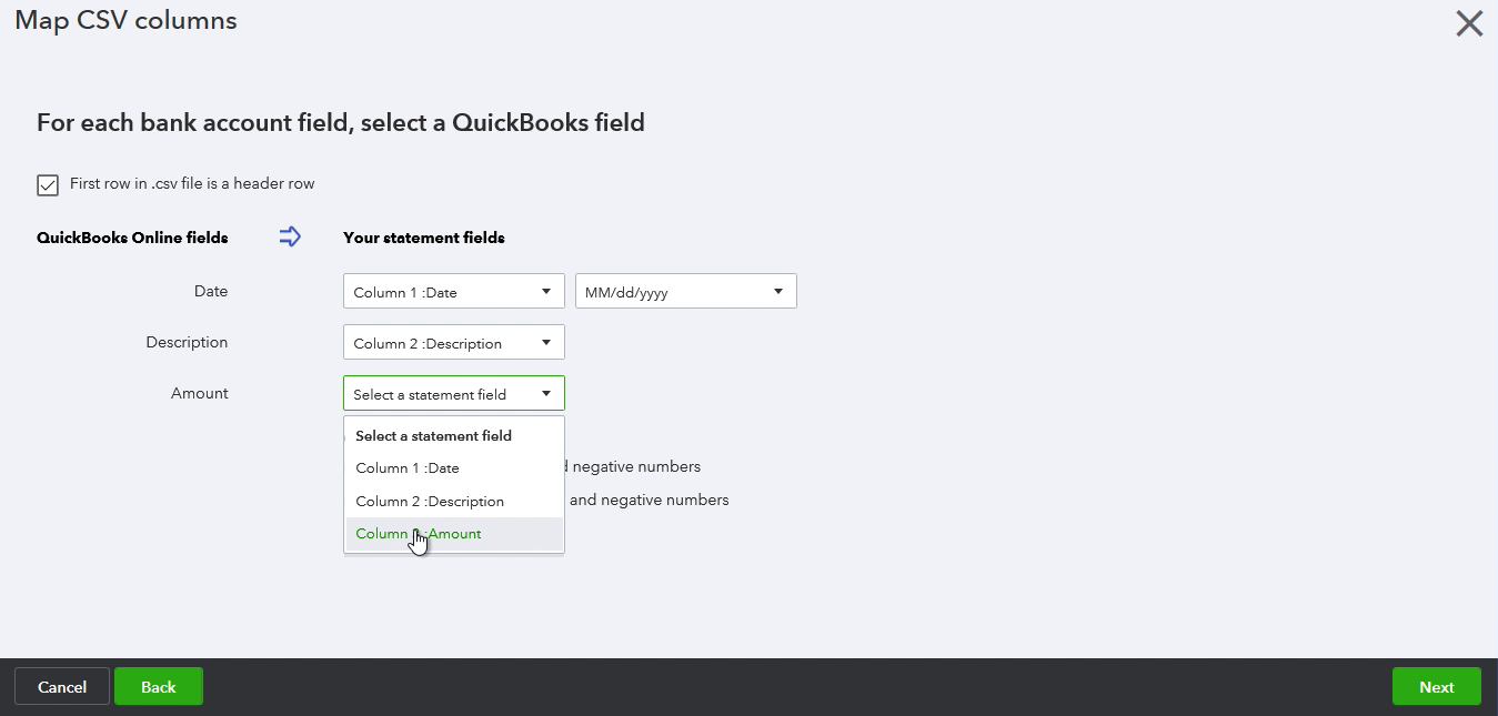 Map CSV columns in Quickbooks