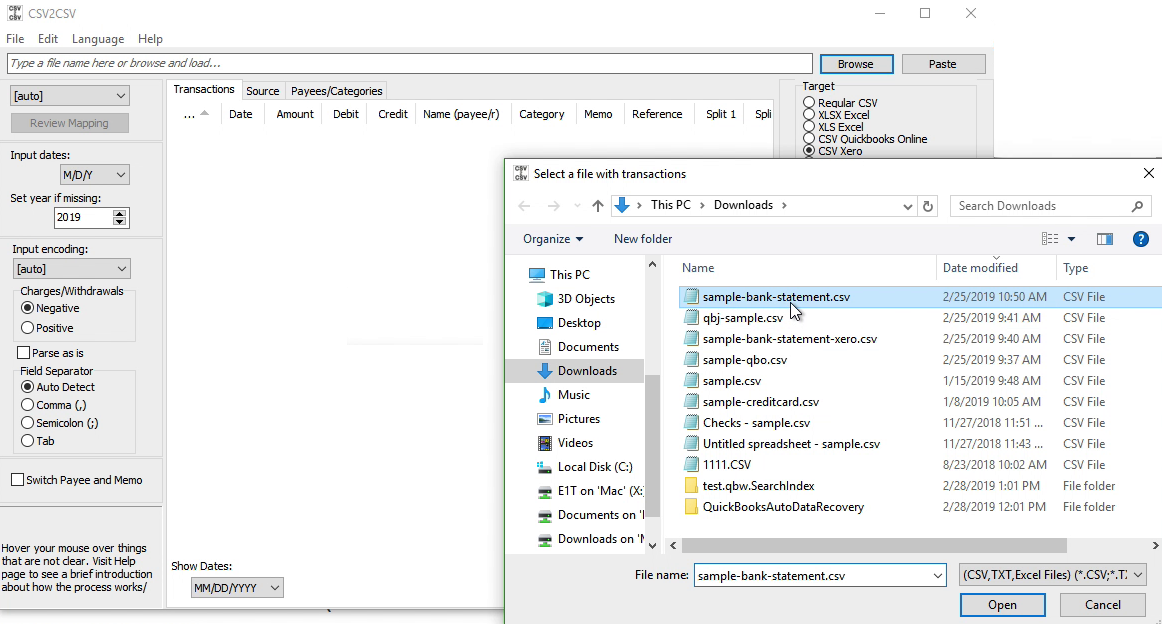 CSV2CSV Windows Step 1: select a CSV file