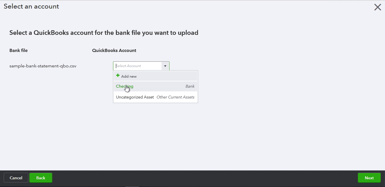 CSV2CSV Windows Step 11: select an account in Quickbooks