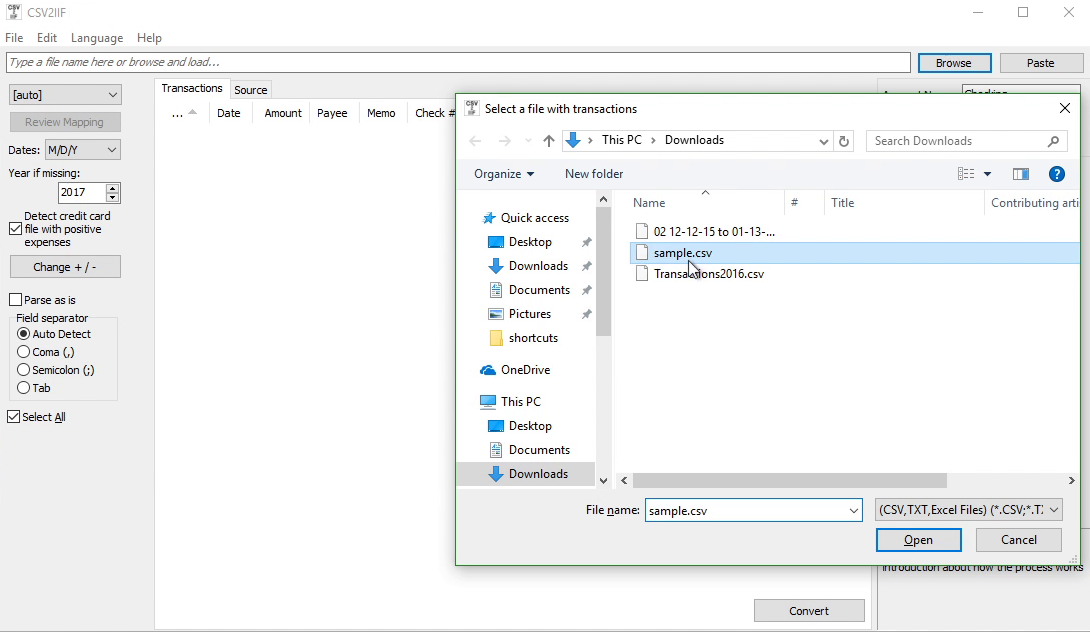 CSV2IIF Windows Step 1: select a CSV file