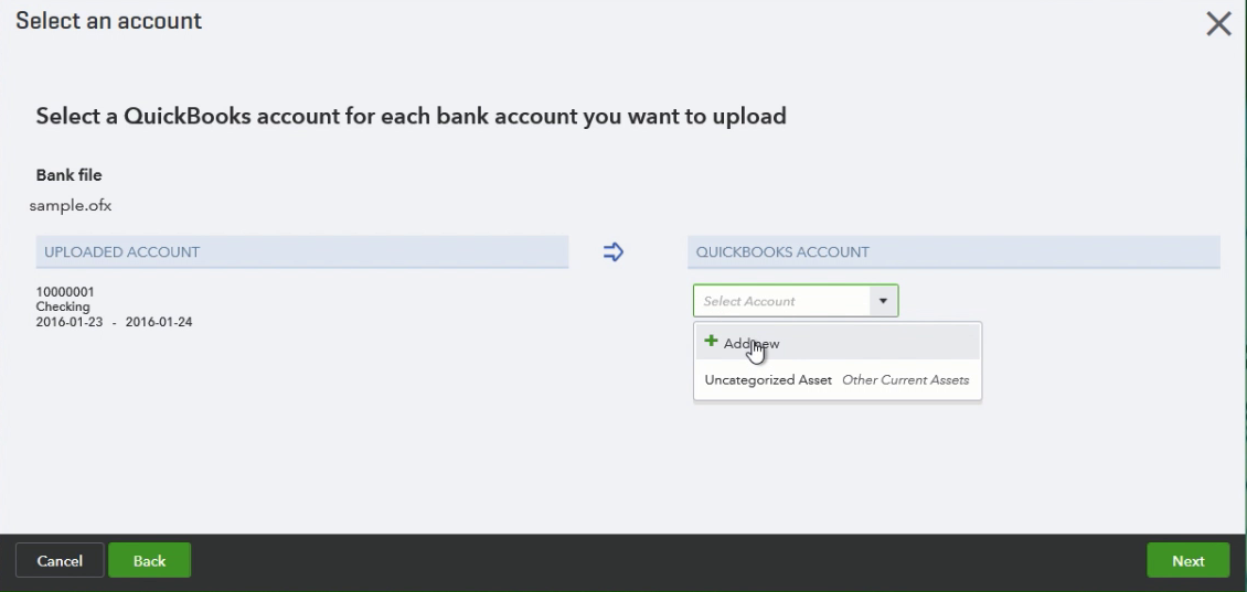 CSV2OFX Windows Step 10: add new account in Quickbooks