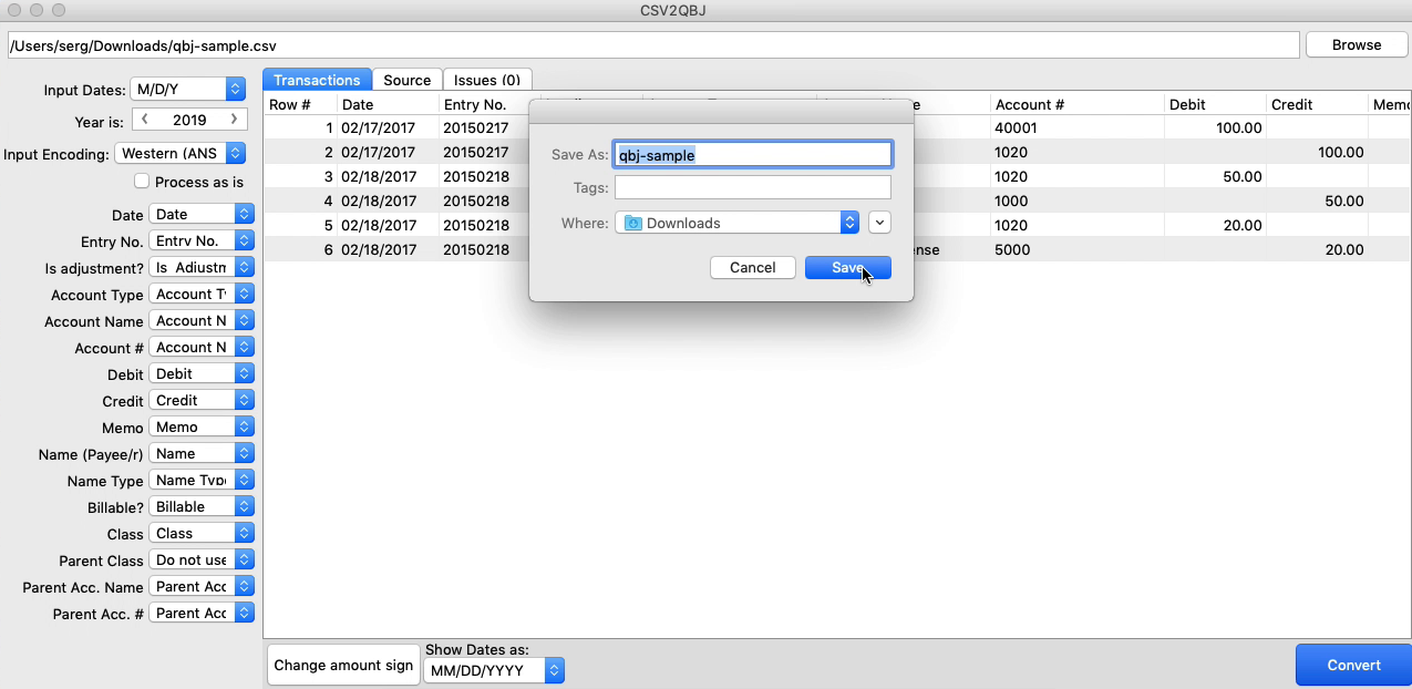 CSV2QBJ Mac Step 4: confirm file name and location