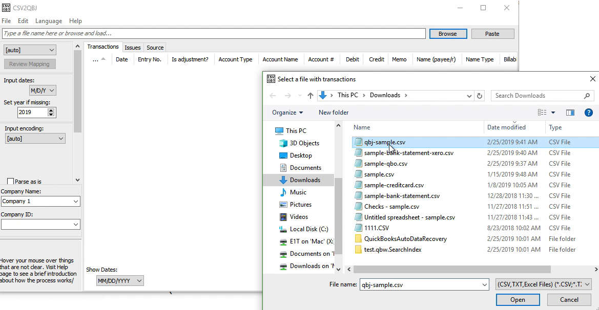 CSV2QBJ Windows Step 1: select a CSV file