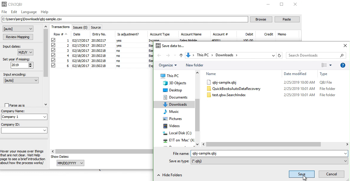 CSV2QBJ Windows Step 5: file name and location, save