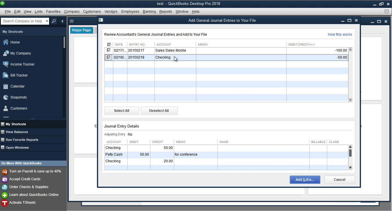 CSV2QBJ Windows Step 7: review entries before importing in Quickbooks
