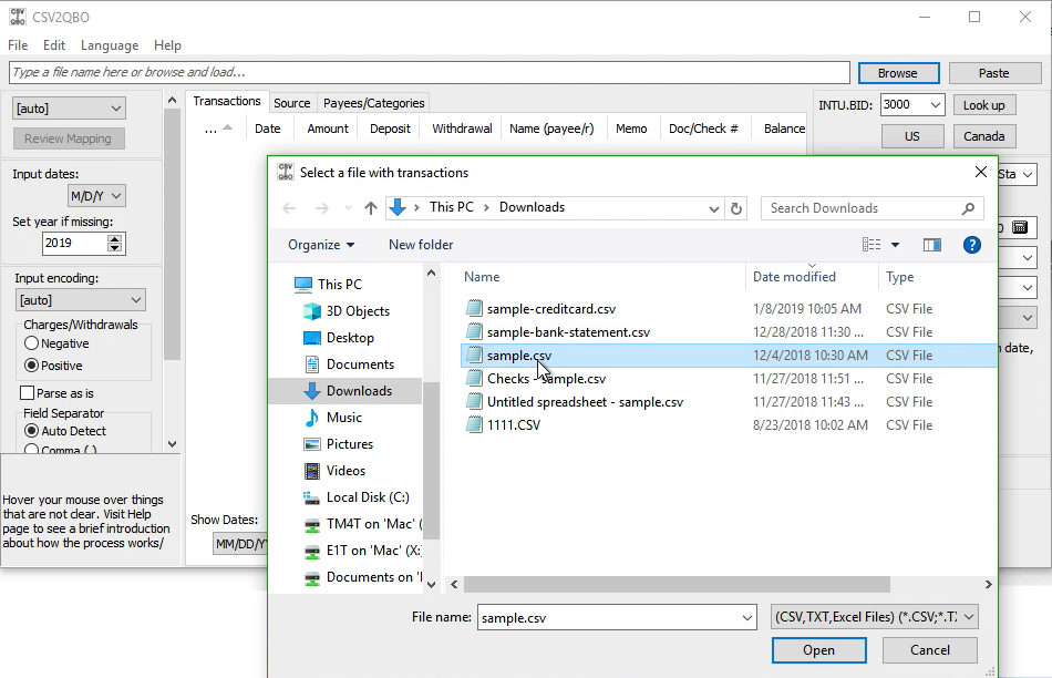 CSV2QBO Windows Step 1: select a CSV file