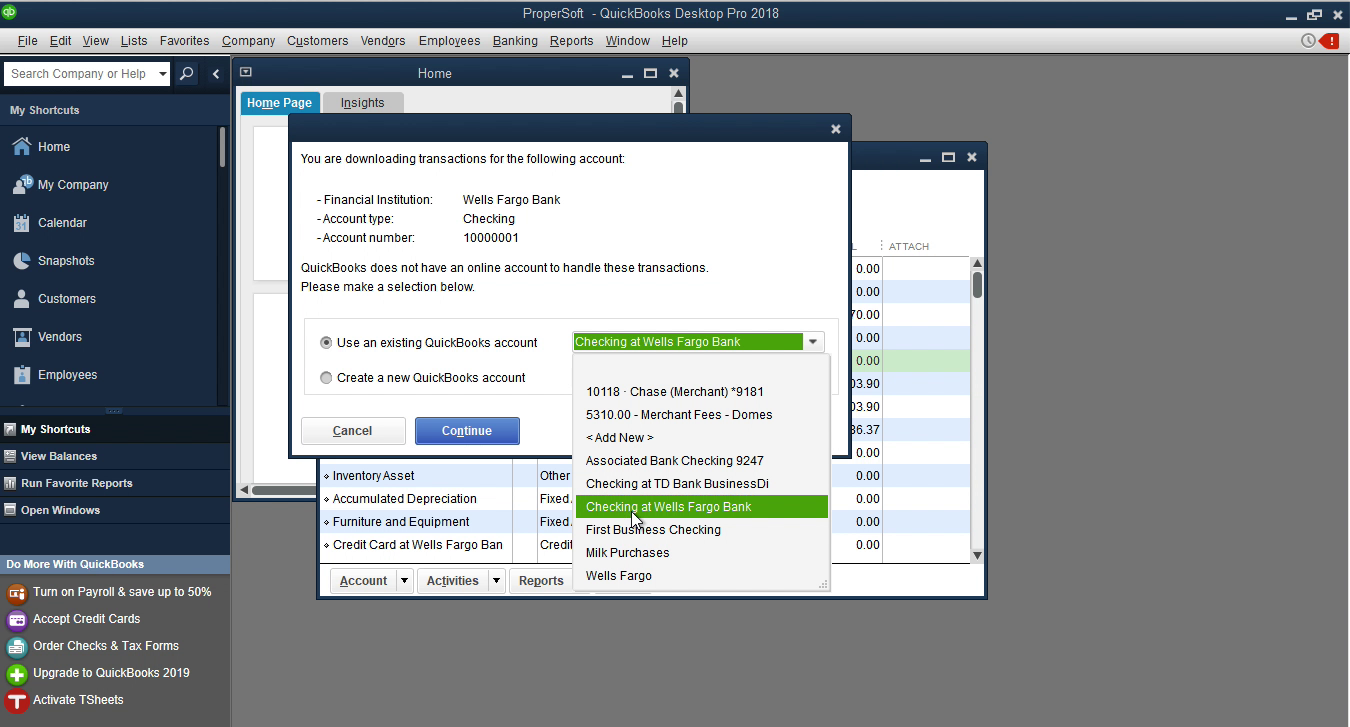 CSV2QBO Windows Step 15: select an existing account in Quickbooks