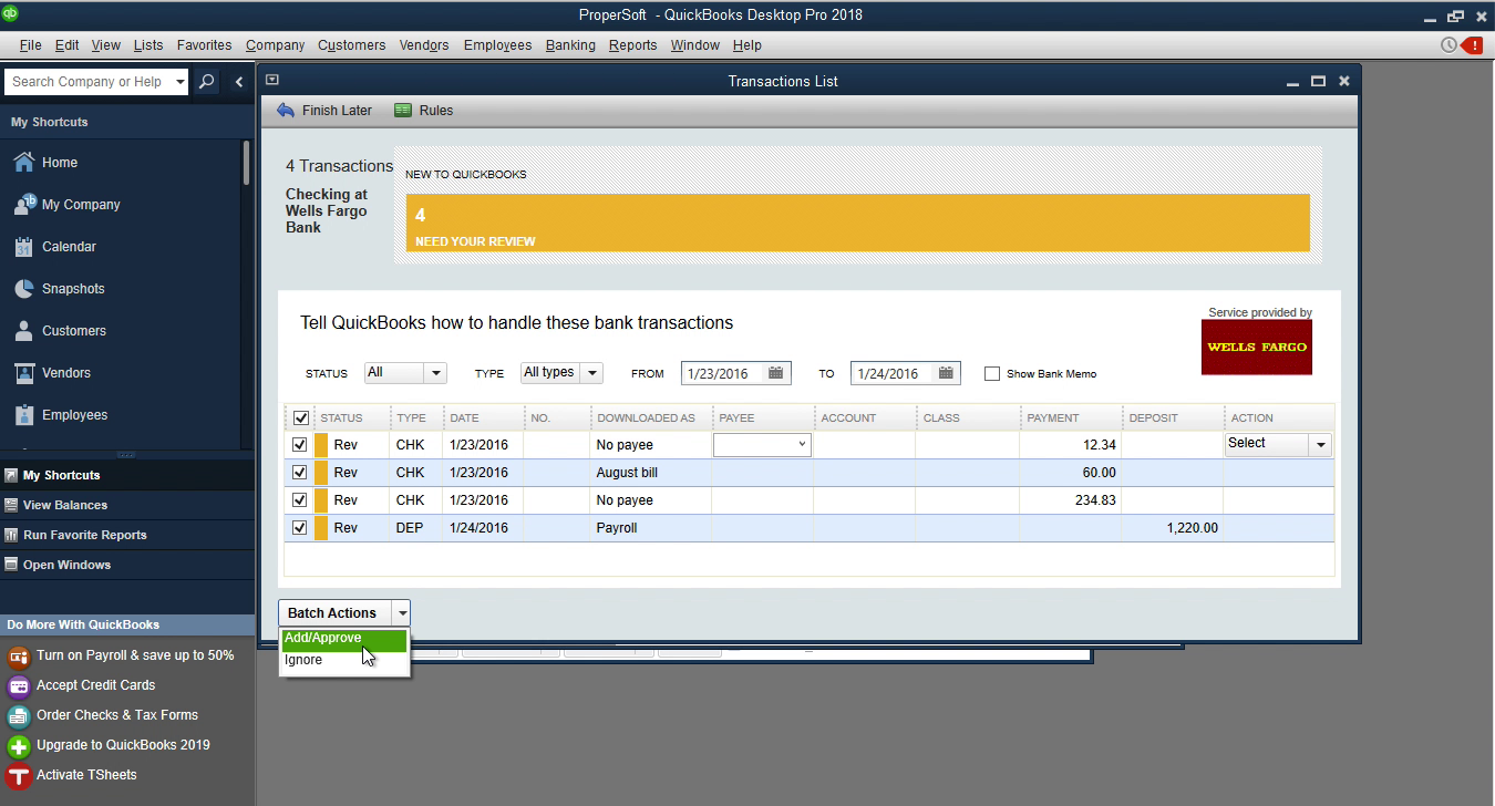 CSV2QBO Windows Step 20: add transactions to the register in Quickbooks