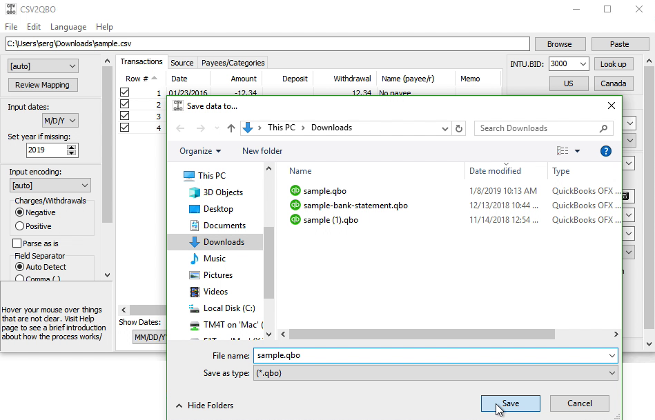 CSV2QBO Windows Step 9: file name and location, save