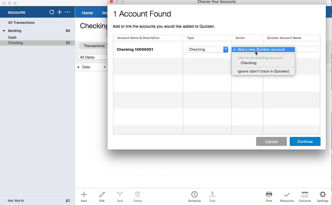 CSV2QFX Mac Step 12: add new Quicken account in Quicken