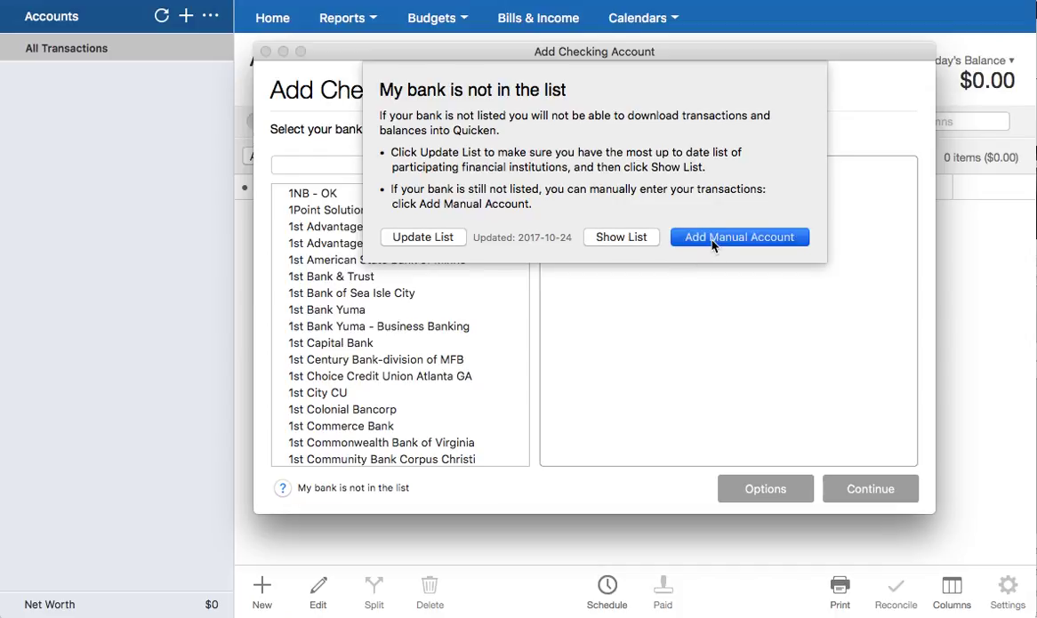 CSV2QFX Mac Step 2: Add Manual Account in Quicken