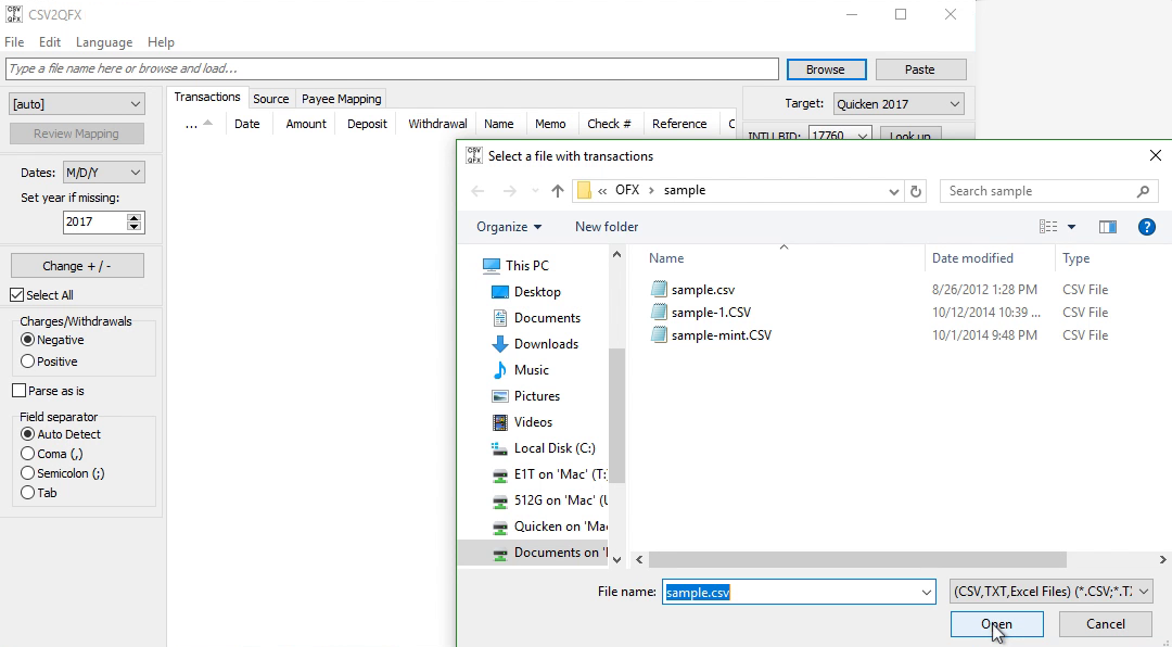 CSV2QFX Windows Step 1: select a CSV file