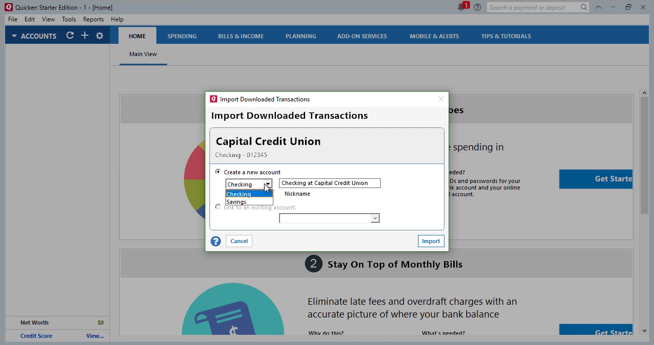 CSV2QFX Windows Step 12: import downloaded transactions in Quicken