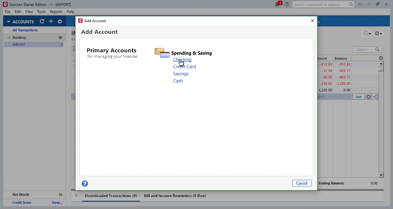 CSV2QFX Windows Step 18: checking account in Quicken