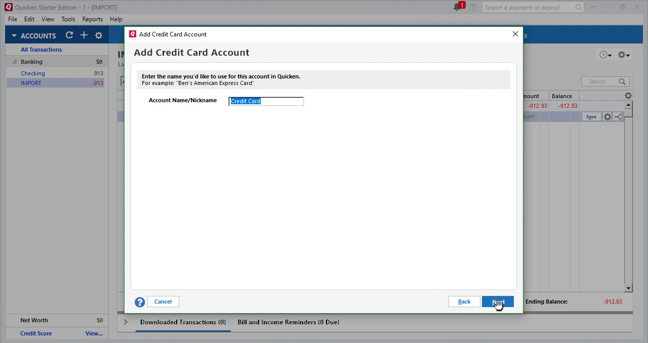 CSV2QFX Windows Step 25: add Credit Card Account in Quicken