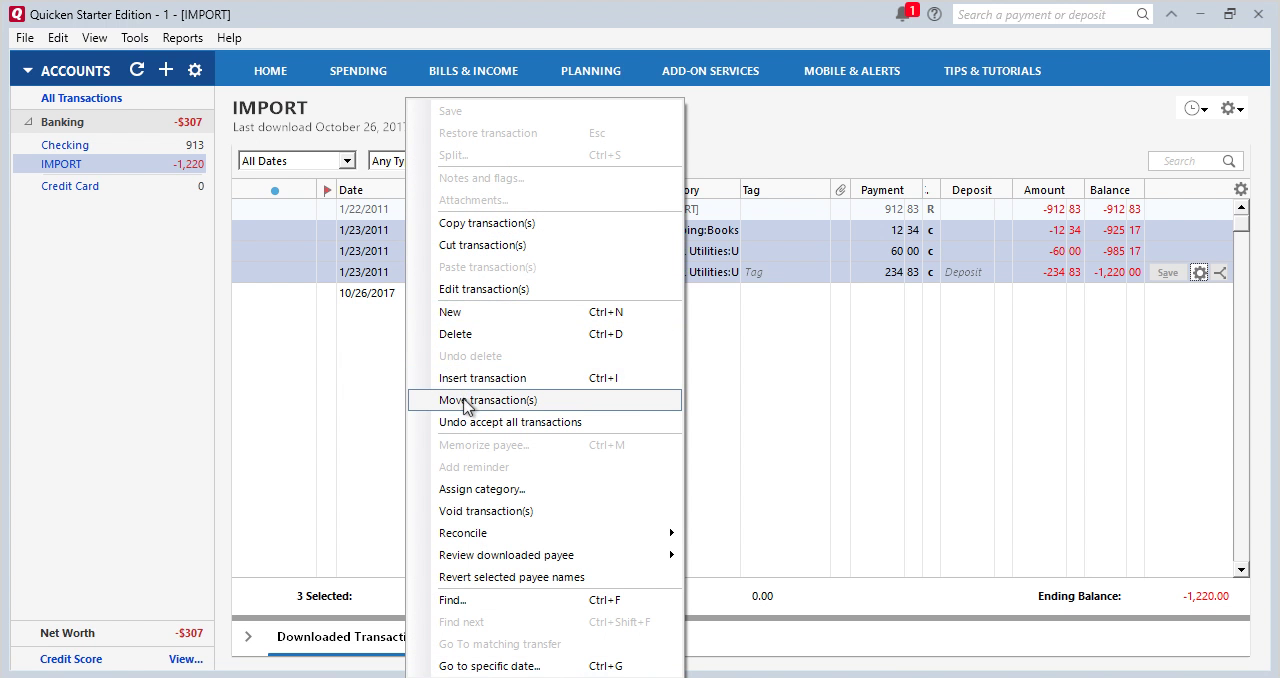 CSV2QFX Windows Step 28: select transactions again in Quicken