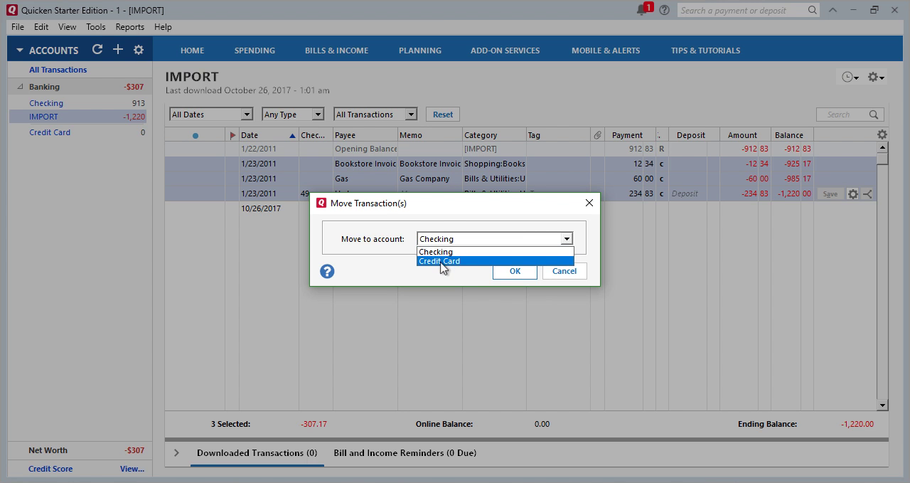 CSV2QFX Windows Step 29: Move transactions to Credit Card in Quicken