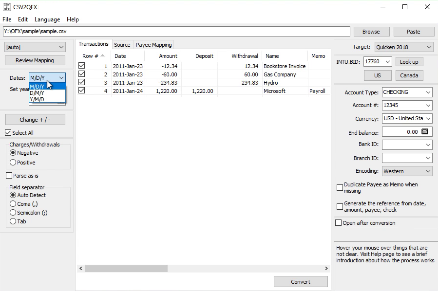 CSV2QFX Windows Step 4: date format