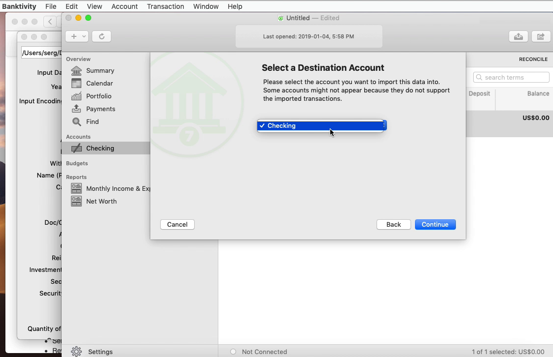 CSV2QIF Mac Step 10: select account in Banktivity