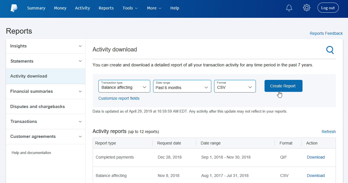 EXPORTCSVPAYPAL Step 6: Create Report in Paypal