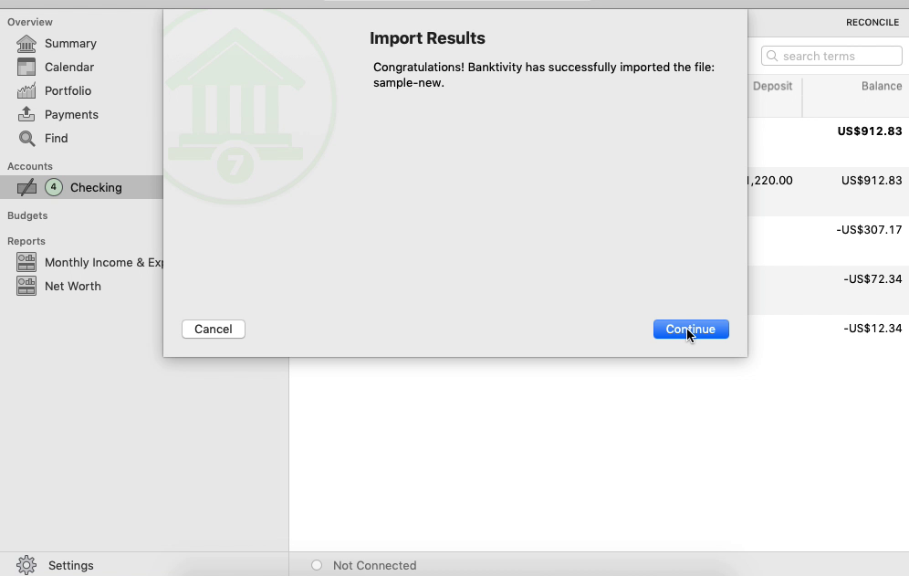FixMyQIF Mac Step 10: import results in Banktivity