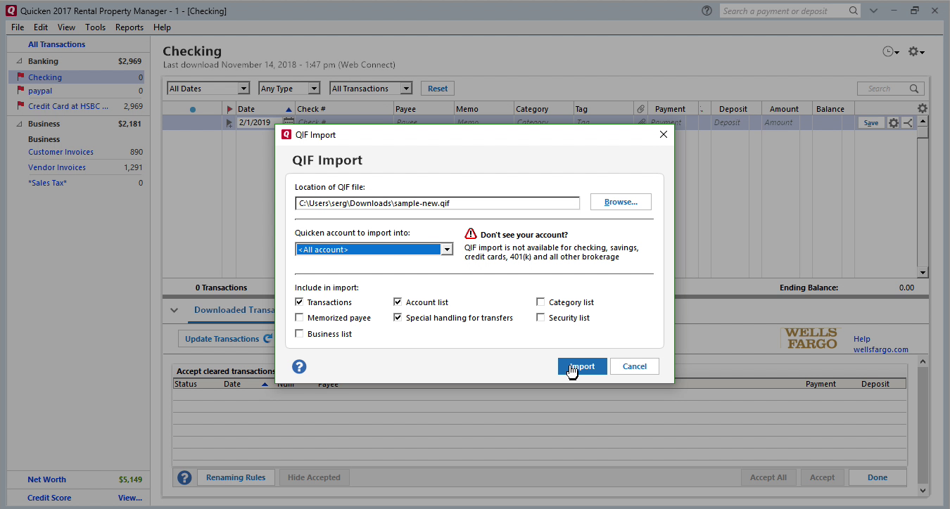 FixMyQIF Windows Step 10: click import in Quicken