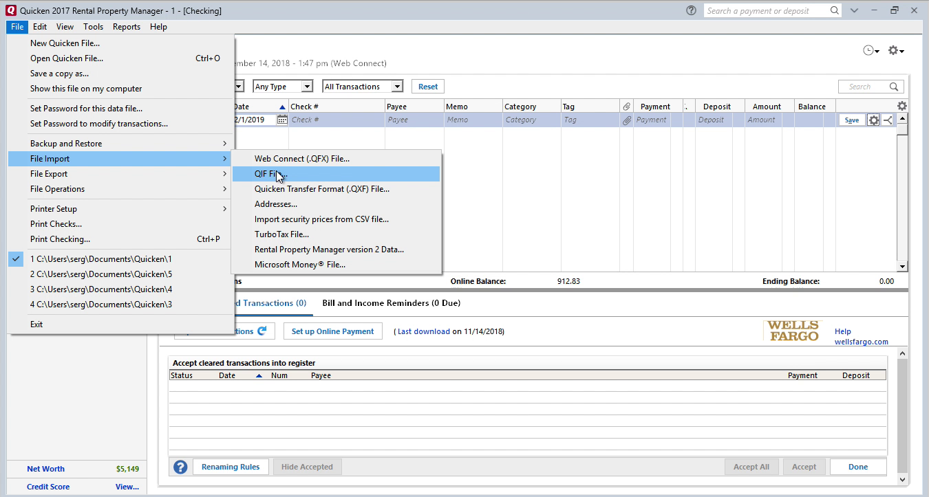 FixMyQIF Windows Step 8: file import in Quicken