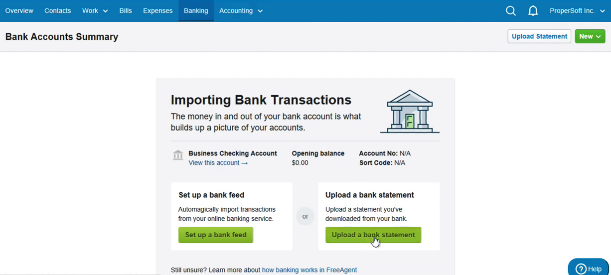 Import CSV as OFX into FreeAgent Step 2: click Upload a bank statement
