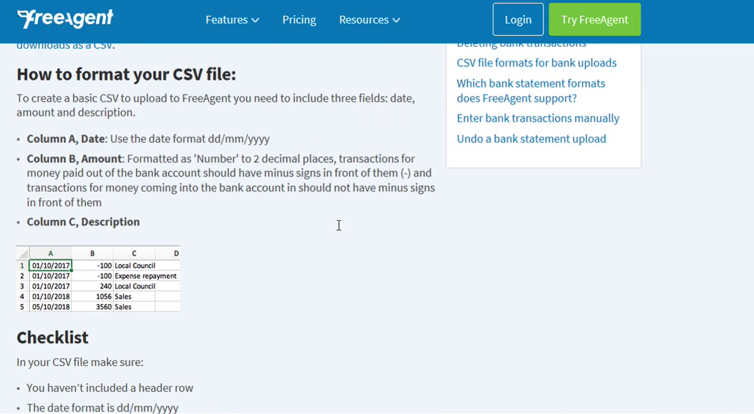 Import CSV into FreeAgent Step 10: columns