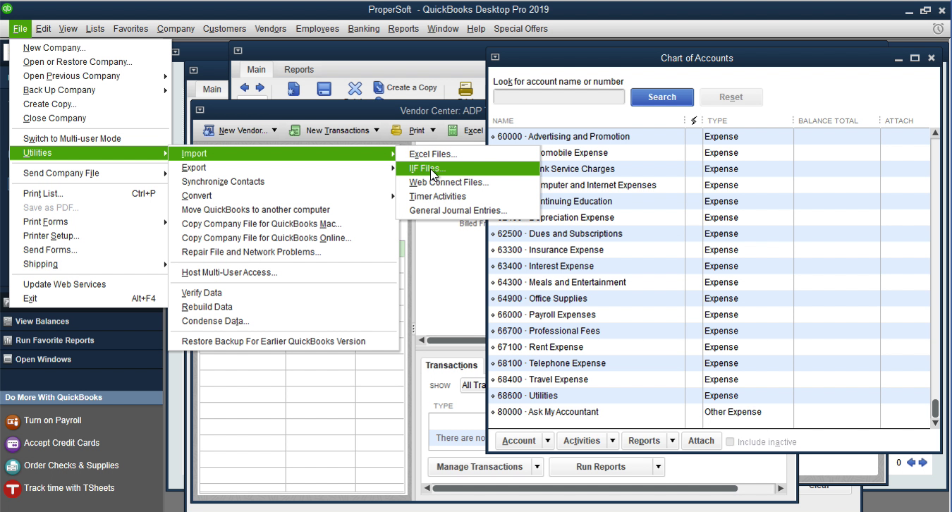 IMPORTIIFQUICKBOOKS Step 10: click file, utilities, import in Quickbooks Desktop 2019