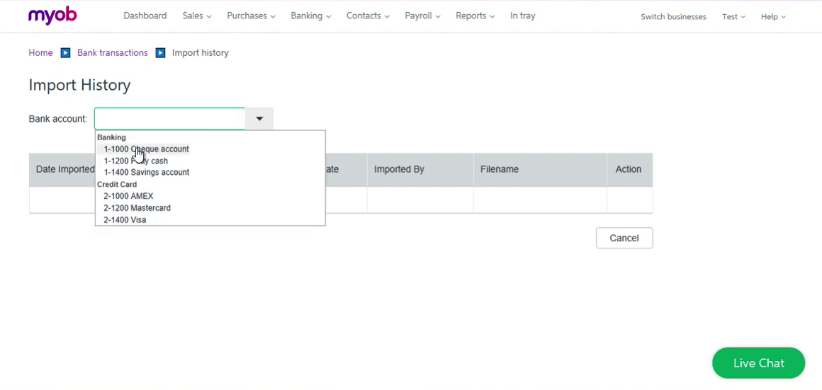 Import OFX into MYOB Step 10: Select account where imported your data