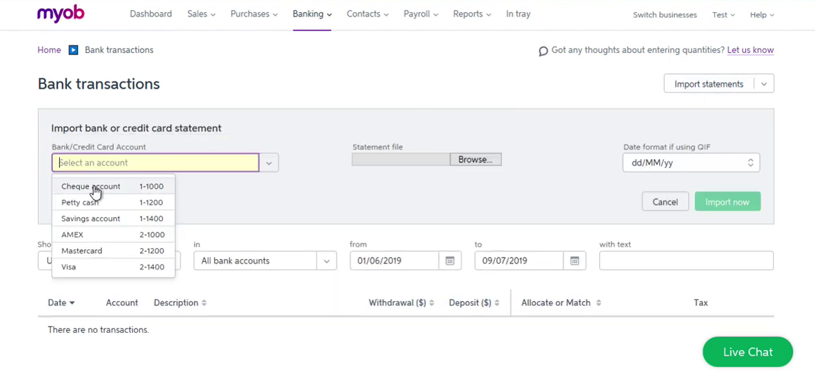Import OFX into MYOB Step 3: select account