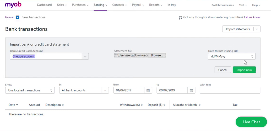 Import OFX into MYOB Step 5: Date format if using QIF