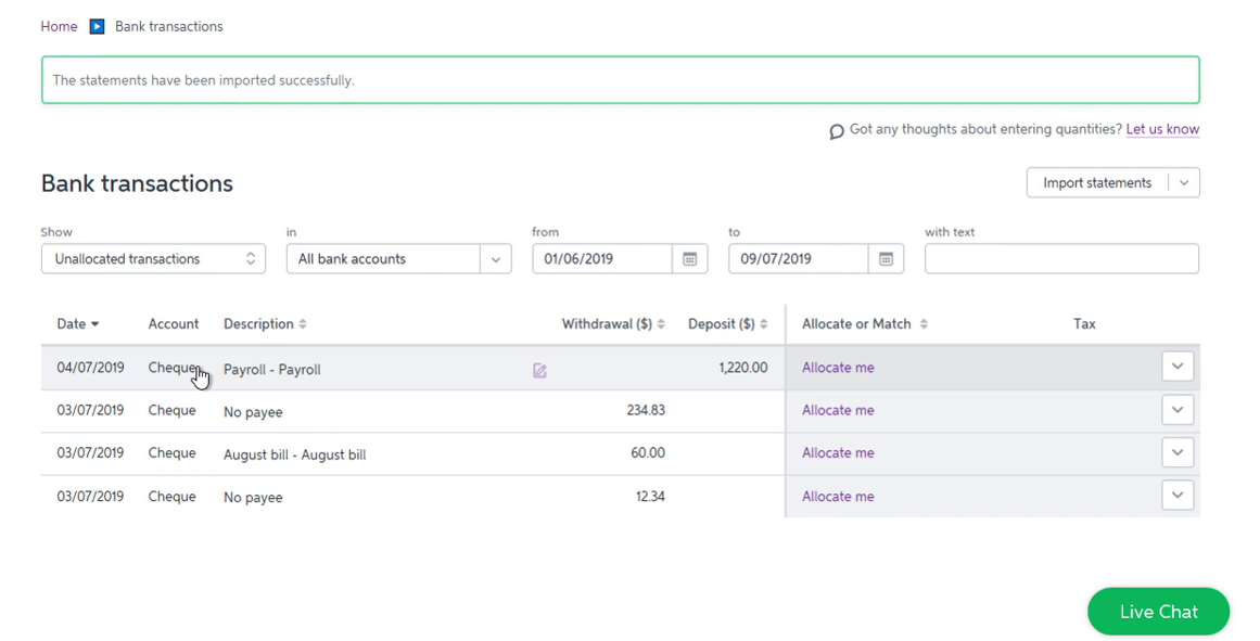 Import OFX into MYOB Step 7: statements imported successfully