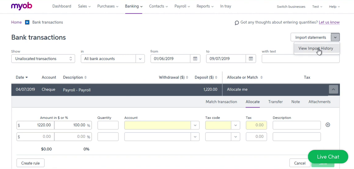 Import OFX into MYOB Step 9: View Import History