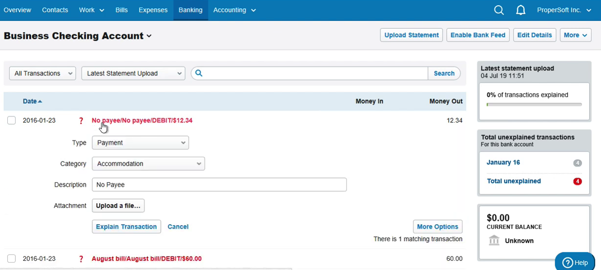 Import QBO into FreeAgent Step 9: statement with 4 new transactions