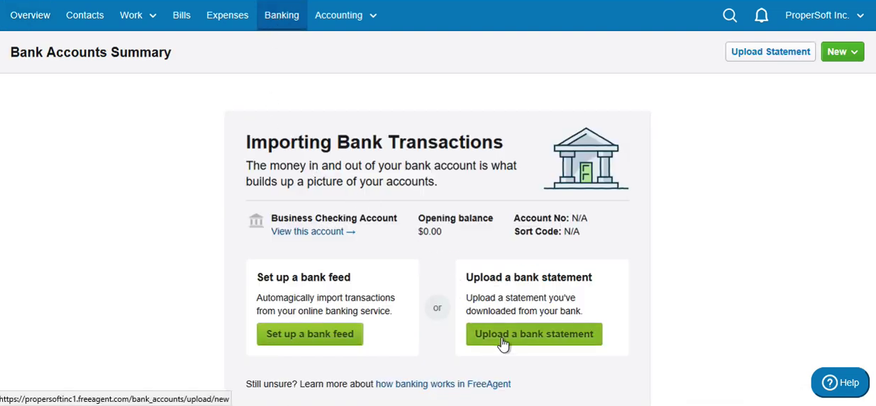 Import QFX into FreeAgent Step 2: click Upload a bank statement