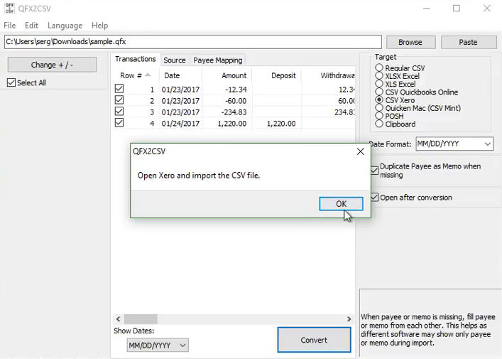 Import Quicken QFX files into Excel Step 10: open xero
