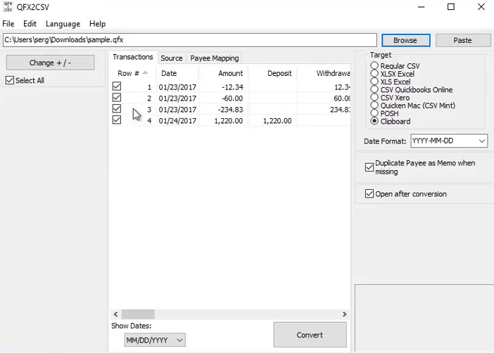 Import Quicken QFX files into Excel Step 2: four transactions