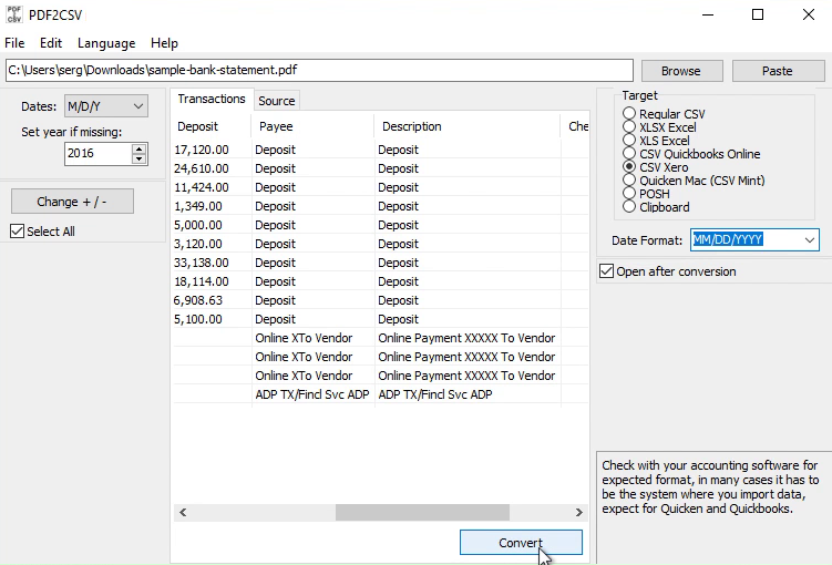 How to make CSV for Xero from a PDF statement Step 10: convert