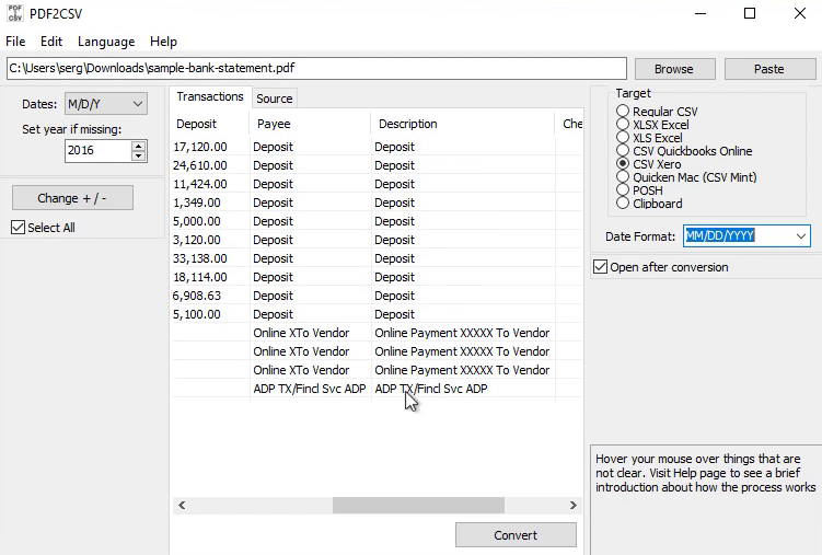 How to make CSV for Xero from a PDF statement Step 9: payee, description