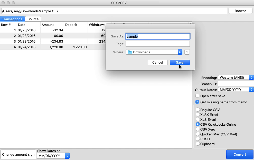 OFX2CSV Mac Step 6: confirm name and location and save