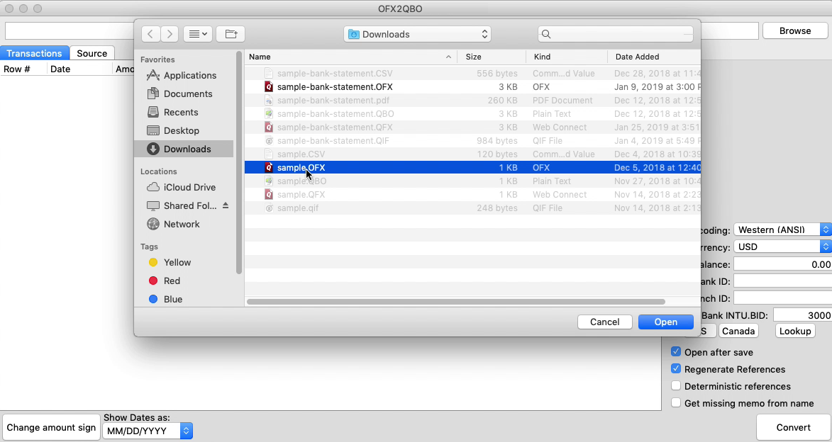 OFX2QBO Mac Step 1: select an OFX file