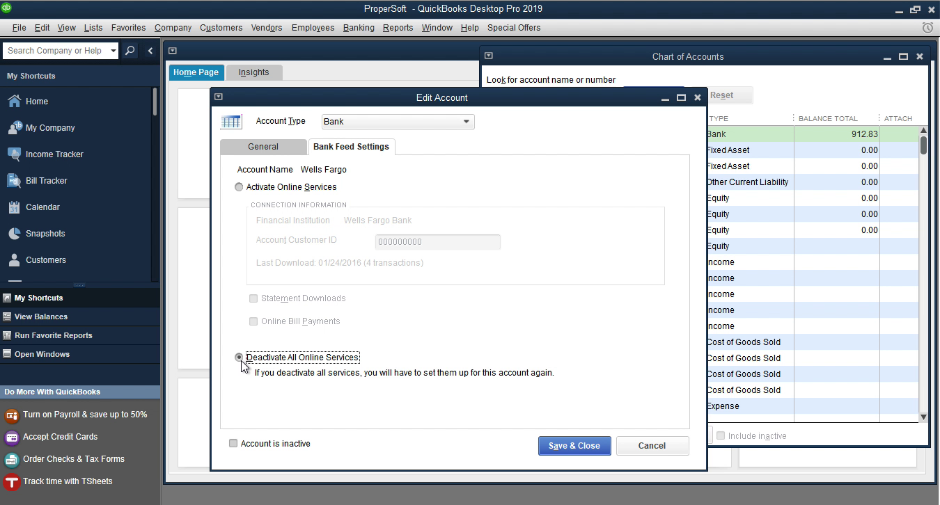 OFX2QBO Windows Step 12: deactivate all online services in Quickbooks