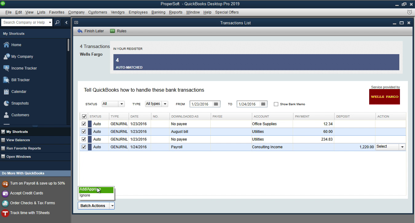 OFX2QBO Windows Step 19: add transactions to the register in Quickbooks